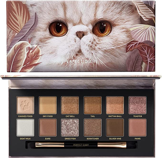 PERFECT DIARY Perfect Diary Eyeshadow Palette Brown Lame Matte with Brush Popular Eye Makeup Gift High Color Makeup Palette Cat 12 Colors Animal